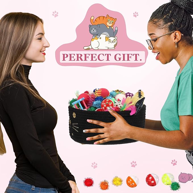 Zopeal 58 Pcs Mother’s Day Cat Storage Basket Gift Toys Set, Colorful Flashing Balls Pet Bell Crinkle Balls Spring Toys Attract Cat to Swat, Hunt, Interactive for Pet(Black,9.8 Inch)