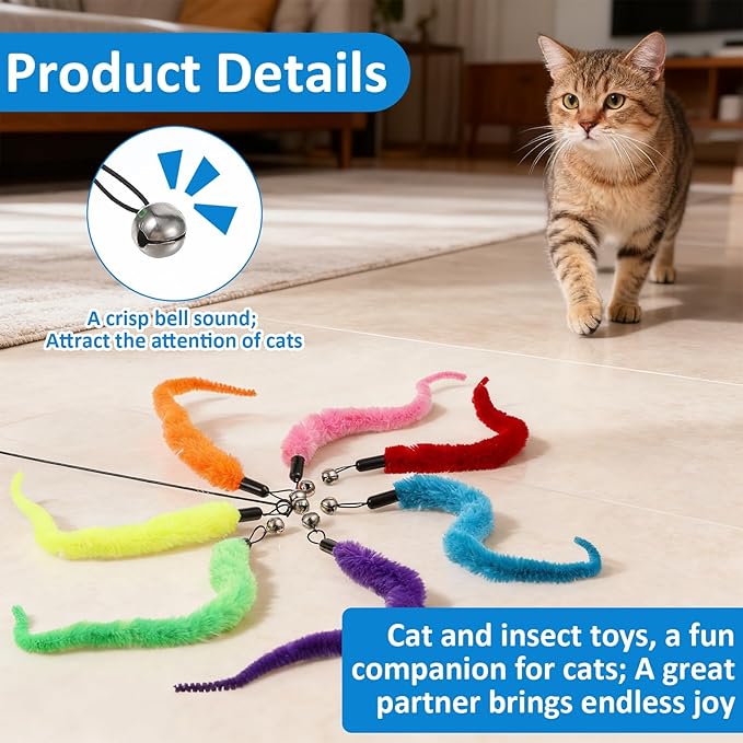 8PCS Fuzzy Cat Worm Toy with Wand Replacement Attachments, Includes 1PCS Black String and 6 Color Options, Suitable for Teaser Play, Chase Exercise, Essential Interactive Cat Toy Accessories