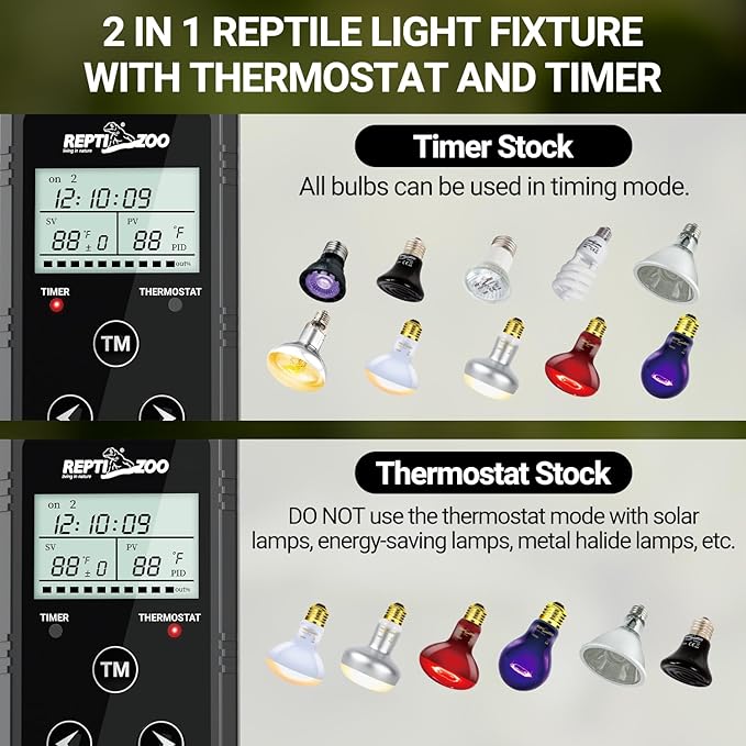 REPTI ZOO Reptile Light Fixture with Thermostat and Timer, Dual Deep Dome Fixture with PID Reptile Dimming Thermostat Switching Thermostat Heat Lamp Temperature Controller and Timing Function