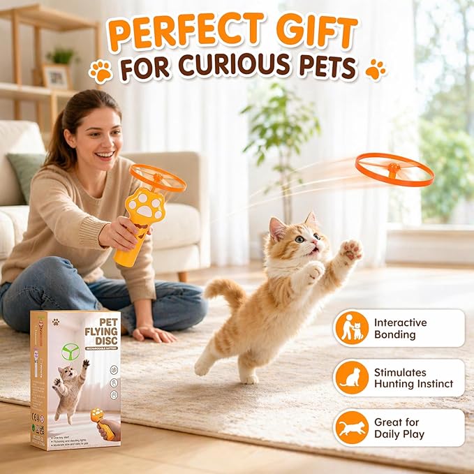 Cat Fetch Toy, Rechargeable Flying Disc Launcher with 6 Flying Discs, Interactive Cat Toys for Indoor Cats, Cat Chase Toy for Bored Indoor Cats, Kittens & Adult Cats