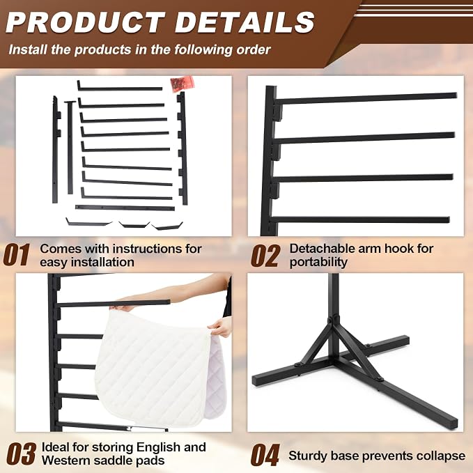8-Tier Saddle Pad Rack with Stand, Long Rack Arms Horse Blanket Holder Horse Pad and Blanket Storage for Tack Room Organization Trailer Accessories
