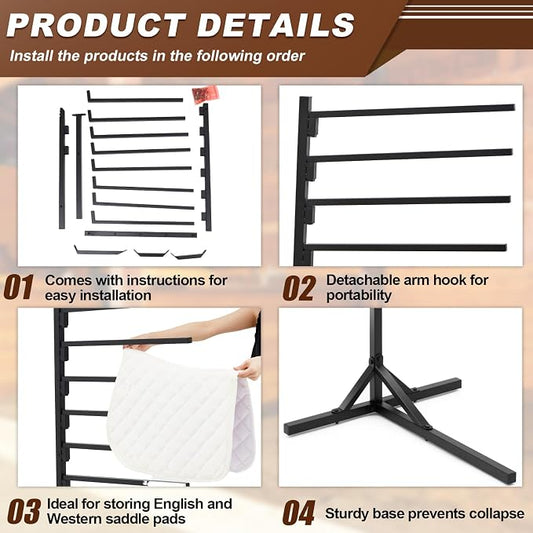 8-Tier Saddle Pad Rack with Stand, Long Rack Arms Horse Blanket Holder Horse Pad and Blanket Storage for Tack Room Organization Trailer Accessories