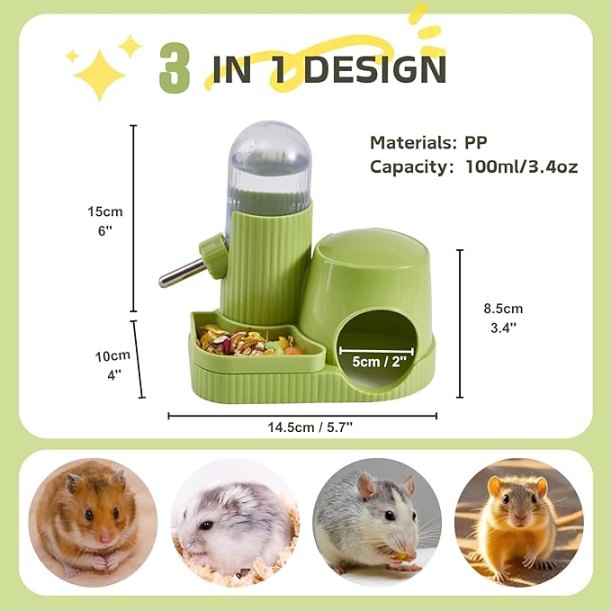 3 in 1 Hamster Water Bottle No Drip Automatic Leakproof Dispenser with Food Container and Hideout Base for Gerbil Rat Dwarf Hamster Mouse (Green, 3.4oz)