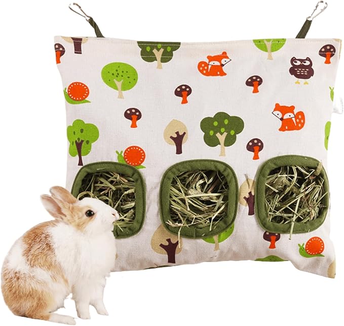 Rabbit Hay Feeder Bag for Cage Guinea Pig Timothy Hay Dispenser Storage Manger Hanging Large Less Waste for Bunny Guinea Pig Chinchilla (Forest Owl,Medium)