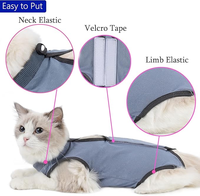kzrfojy Cat Surgery Recovery Suit Cat Onesie for Cats After Surgery Spay Surgical Abdominal Wound Skin Diseases E-Collar Alternative Wear (Grey-Blue-L)