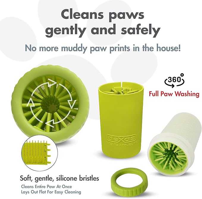 Dexas MudBuster Medium Dog Paw Cleaner in Green - Fits 1.5"-2.5" Wide Paws, Portable Paw Washer for Muddy Paws, Dog Paw Cleaning Cup with Gentle Silicone Bristles, Quick Clean Pet Paw Washer