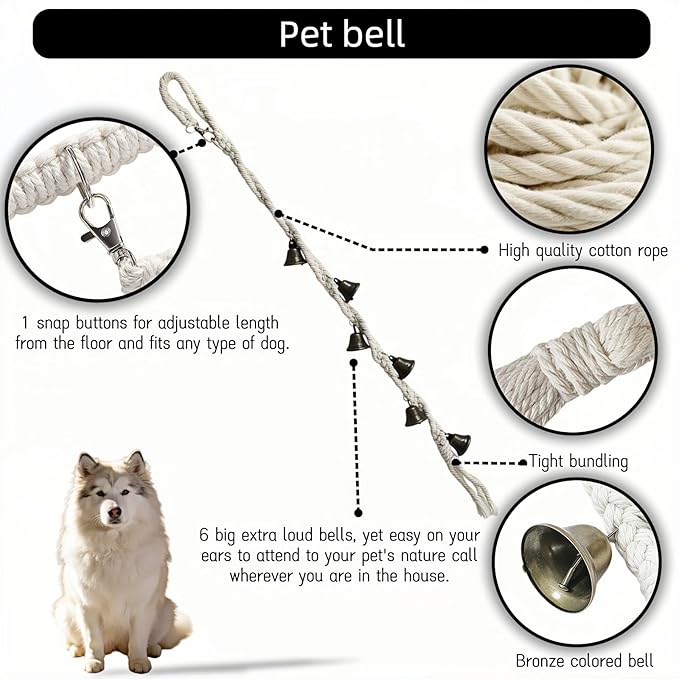 Dog Doorbell for Potty Training with 6 Extra Loud Bells - Handmade Cotton Rope Adjustable Hanging Pet Bell, Indoor/Outdoor Use for Small Medium Large Dogs (Beige/Bronze Tone)