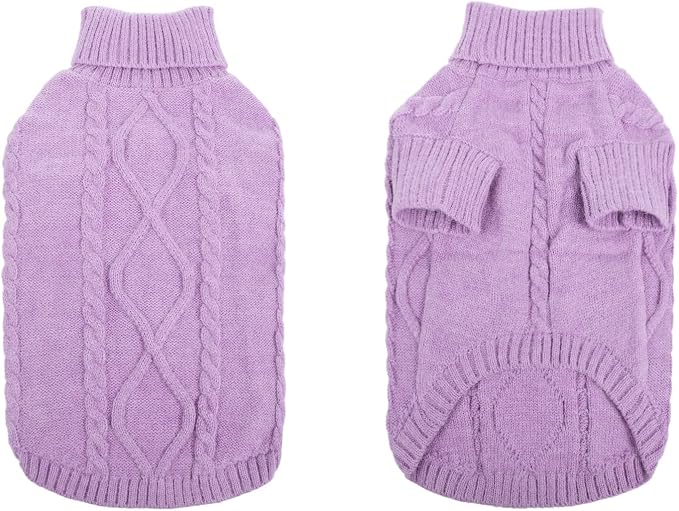 Queenmore Small Dog Pullover Sweater, Cold Weather Cable Knitwear, Classic Turtleneck Thick Warm Clothes for Chihuahua, Bulldog, Dachshund, Pug (Lilac, Medium)