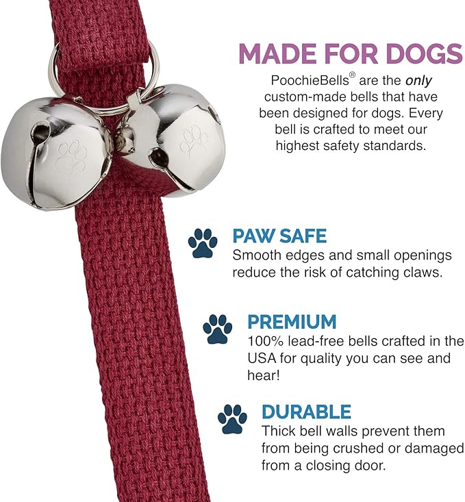 PoochieBells Dog Door Bells for Potty Training, Quick & Easy Puppy Potty Training Method Included, Handcrafted in USA with Loud, Paw-Safe Bells, Durable Cotton Webbing - Maroon