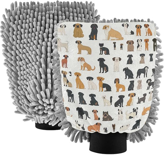 Car Wash Mitt Microfiber Wash Mitts for Car Washing Scratch-Free Cleaning Gloves Soft Non Absorbent Chenille Auto Hand Mitt Large 2Pack White Cute Dogs