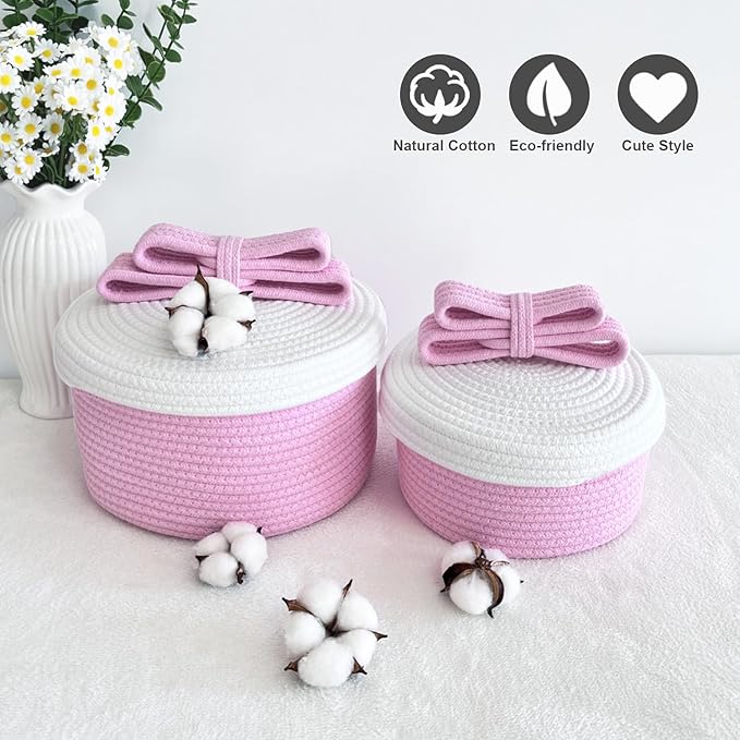 Cute Storage Baskets with Lids, Small Round Woven Rope Basket with Lid, Small Toy Box for Kids or Cat, Cute Basket for Gift, Decorative Basket with Chic Bow Handle, Pink