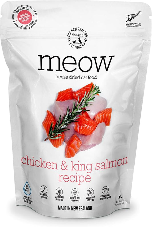 The New Zealand Natural Pet Food Co. Meow Freeze Dried Cat Food - Chicken & King Salmon Recipe, High Protein Treats & Toppers, Dry Cat Food,9.9oz