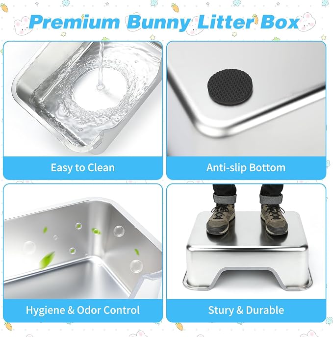 YUEPET 4-in-1 Large Rabbit Litter Box, Non-Slip Stainless Steel Litter Boxes with Sifting Grid & Hay Feeder Food Bowl, Easy Cleaning Bunny Litter Box with Odor Control for Rabbits Small Pets（M）
