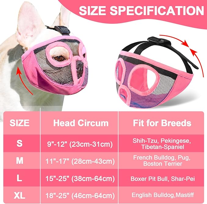 Short Snout Dog Muzzles- Adjustable Breathable Mesh Bulldog Muzzle for Biting Chewing Licking Training Grooming Dog Mask (Pink, Medium/11-17")