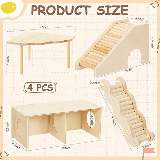 BreezeHug 4 Pcs Hamster Platform Hideout Wooden Tunnel Ladder Playhouse Hamster Game Climbing Toy with Platform Cage Accessories for Pets Dwarf Syrian Mice Degus Gerbils Squirrel(Peek)