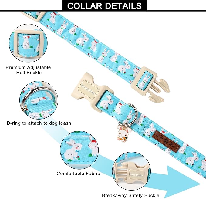 Lionet Paws Easter Dog Collar, Comfortable Adjustable Blue Rabbit Collar with Bunny Rabbit for Large Male Female Dogs Collars,Neck 16-24 inches