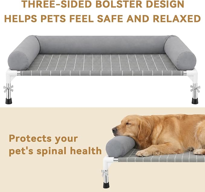 Heavy Duty Elevated Dog Bed with Bolster - 39"x27" Raised Pet Cot for Large Dogs, 0.5mm Stainless Steel Frame Double-Layer Canvas Portable Dog Sofa for Outdoor and Camping