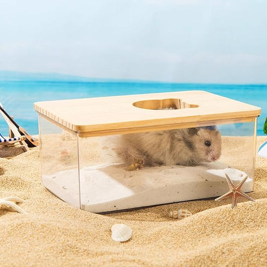 Hamster Sand Bath Box, Transparent Small Animal Bathroom & Digging Container with Ladder and Bowl for Hamsters Mice Lemming Gerbils or Other Small Pets