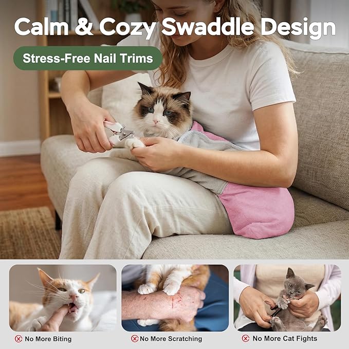 Cat Wrap for Cutting Nails, Self-Adhesive Cat Nail Clipping Restraint Bag, Anti-Scratch Cat Grooming Wrap Swaddle for Meds, SubQ Fluids, Ear Cleaning, Teeth Brushing & Vet Visits,Pink,S