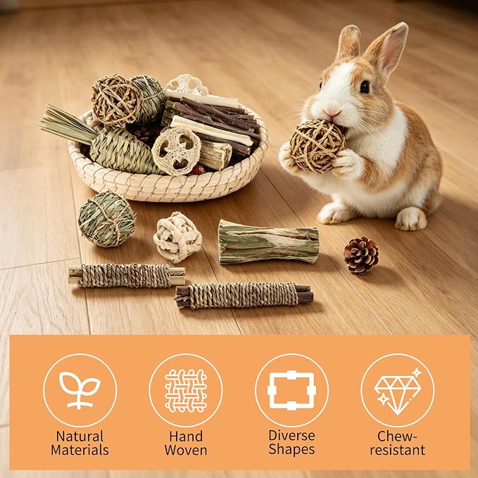 Foxtell 19Pcs Bunny Chew Toys, Rabbit Chew Sticks, Guinea Pig Toy, Natural Bunny Toys Chew and Treat for Guinea Pigs, Chinchillas, Hamsters and Other Small Pets