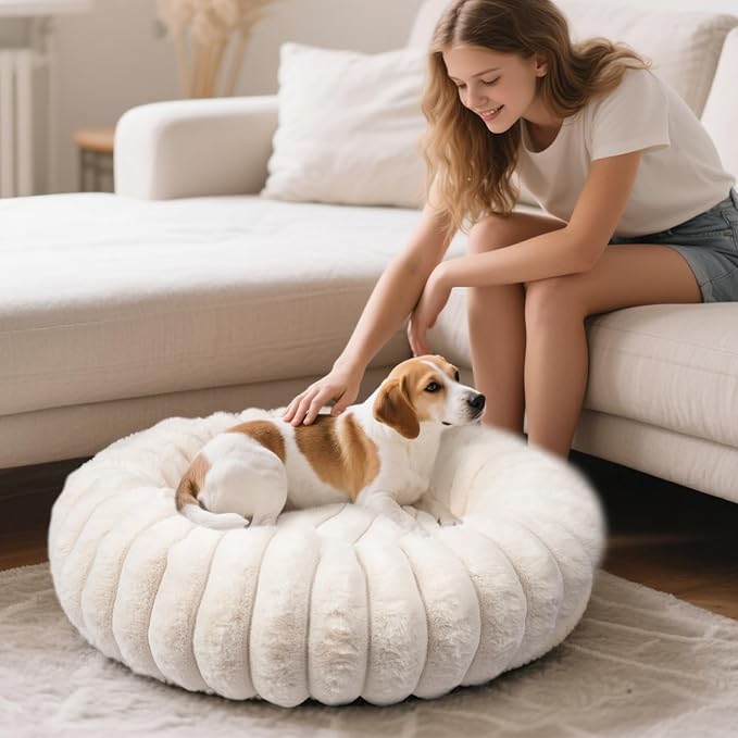 Donut Dog and Cat Bed, Luxurious Comfortable Faux Rabbit Fur Pet Beds, Round Anti-Anxiety Calming Puppy Kitten Bed with Anti-Slip Bottom for Small Medium Dogs & Cats(27", Brown)
