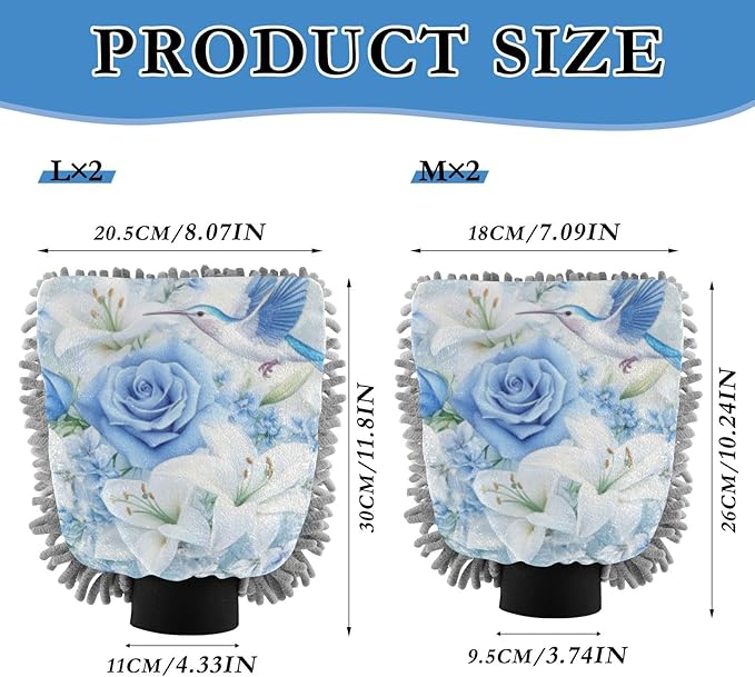 Car Wash Mitt Microfiber Wash Mitts for Car Washing Scratch-Free Cleaning Gloves Soft Non Absorbent Chenille Auto Hand Mitt Large 2Pack White Lily Blue Roses Hummingbird White Snow