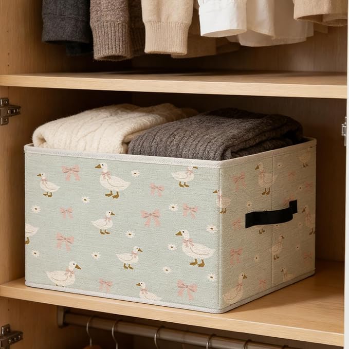 Pink Bow Floral Goose Storage Bins, Goose Nursery Decor, Cute Geese Foldable Closet Organizers Storage Basket Toybox for Kids Toddler Teens Playroom Bedroom Clothes Bed Sheets Blankets Toys