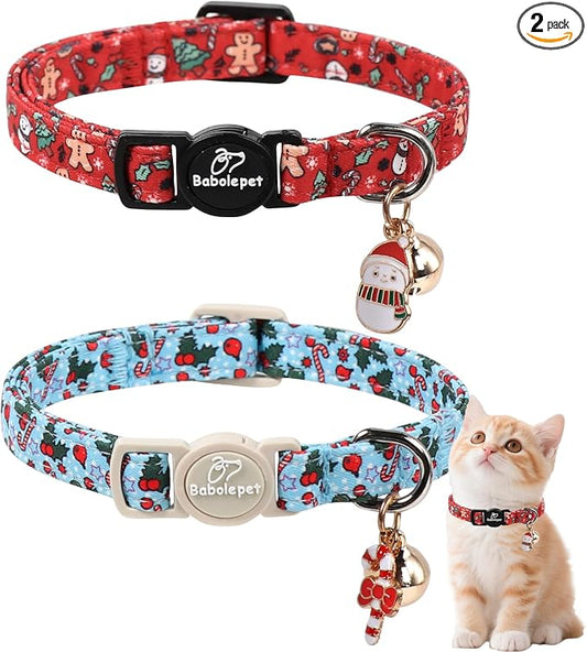 2 Pack Christmas Cat Collars - Breakaway Cat Collar with Bell, Candy Cane and Snowman Pendant, Winter Adjustable Kitten Collars for Girl Boy Cats, Blue&Red