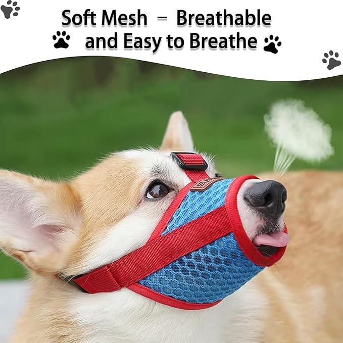 Basket Muzzle for Dogs, Prevents Biting Chewing Barking, Soft Breathable Design with Adjustable Strap, Allows Panting and Drinking, Great for Training Grooming Vet Visits (Red-Blue, Medium)