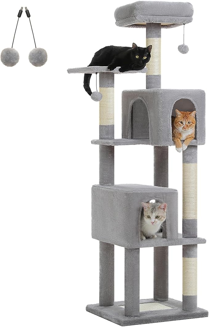 MUTTROS 62-Inch Cat Tree for Indoor Cats, Large Cat Tower with Scratching Posts for Large Cats, 2 Bigger Plush Condos, Padded Platform, Soft Cat Bed and Scratching Pad, 2 Pompoms, Gray