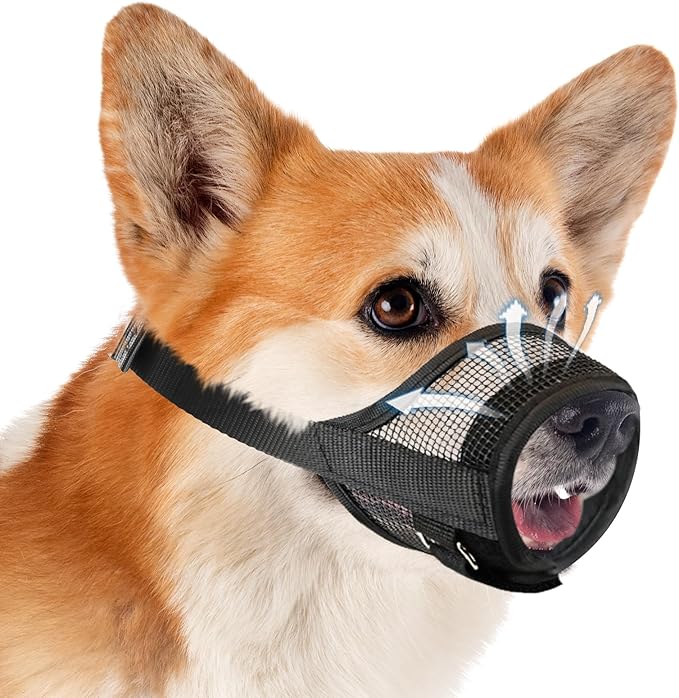 Dog Muzzle for Medium Large Dogs, Black Soft Nylon Mesh Mouth Guard for Biting Chewing Scavenging, 1.76 Ounces Lightweight Design with Adjustable Straps for Vet Visit & Grooming