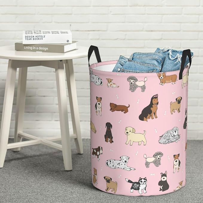 Cute Dog Pink Round Laundry Hamper Storage Basket Toys Clothes Organizer Bin For Home Bathroom Bedroom Dorm Nursery, 62l