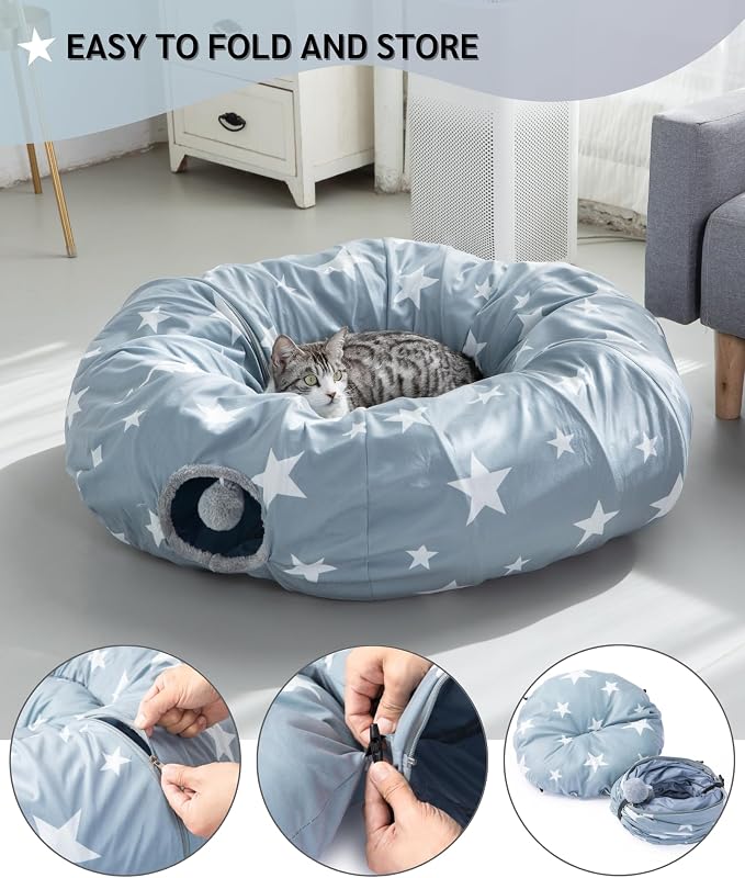 JanYoo Cat Tunnel with Cat Bed 35.4" Collapsible Playground for Indoor Cats | Large Soft Plush Washable Hide Seek Tube with Interactive Toys Round Pet Tunnel for Kittens,Adult Cats,Squirrels