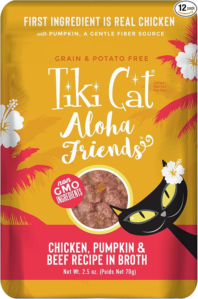 Tiki Cat Aloha Friends Wet Cat Food, Chicken, Pumpkin & Beef, 2.5 oz. Pouch (12 Count)