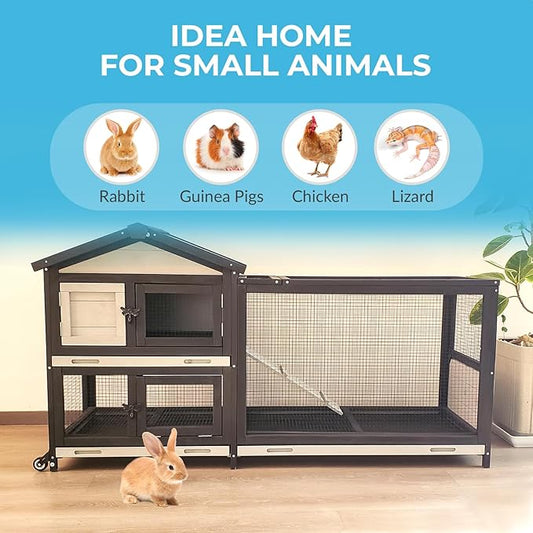 53 inches Wooden Rabbit Hutch for Small Animals with 2 Rolling Wheels Indoor Outdoor Pet Cage (Medium) Bunny Cages with Removable Trays and Bedding Area Waterpoof roof