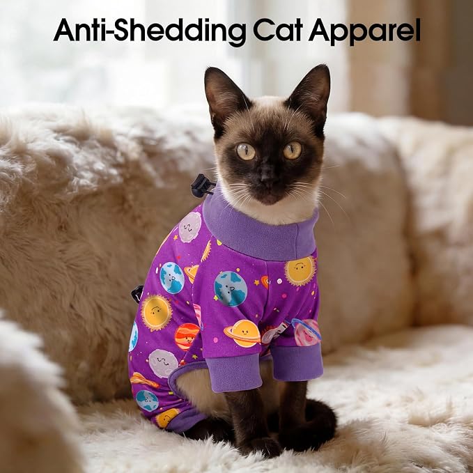 DENTRUN Cat Clothes for Hair Control with Hair Sticky Fabric - Soft Recovery Suit & Breathable Lint-Resistant Cat Sweater for Cats Only, Kitten Onesie Pajamas, XL, Purple