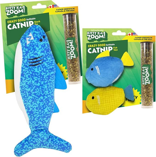Shark and Fish 2-Pack Toy Bundle | ZOOMIE Refillable Shark and Fish Plush Catnip Toys | High Potency Hand Harvested Fresh Catnip | Soft Plush for Engaging Play