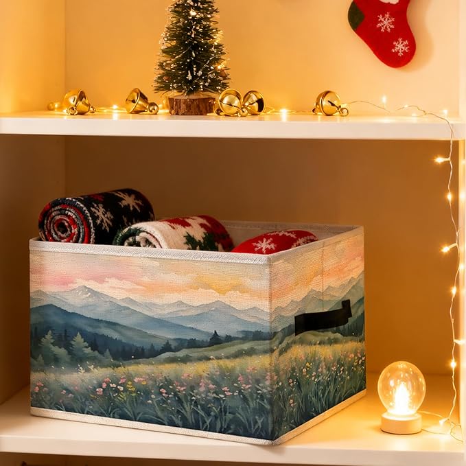 Abstract Boho Mountains Floral Storage Bins, Wildflower Nature Landscape Foldable Closet Organizers Storage Basket Toybox for Clothes Bed Sheets Blankets Toys