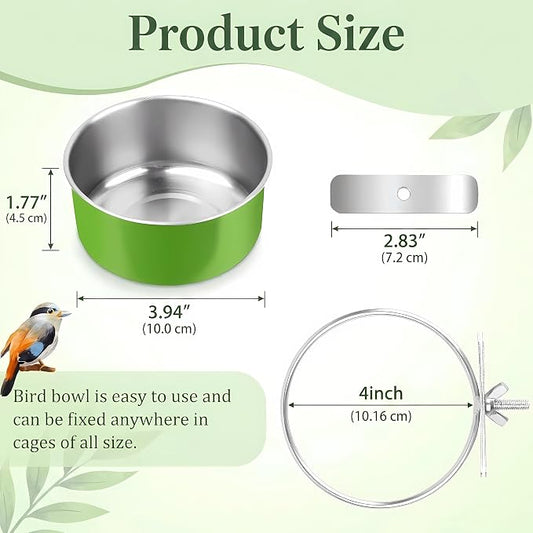 Bird Cage Bowls for Parakeets (2 Pack) - Stainless Steel Food & Water Feeder Cups with Clamp Holder, Hanging Feeder for Budgies, Canary, Conures, Lovebirds, Squirrel & Small Animals