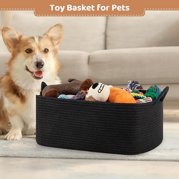OIASKET Large Empty Gift Baskets for Baby Shower, 16.5" L x 12.6" W x 7" H Cute Woven Storage Basket with Gift Bags and Ribbons, Small Rope Toy Basket with Handles, Cat Dog Pet Toy Organizer - Black