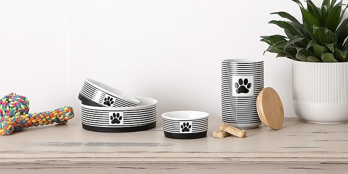 Bone Dry Ceramic Stripe Paw Pet Bowls Collection, Dishwasher Safe, Small, 4.25x2, Black, 2 Count