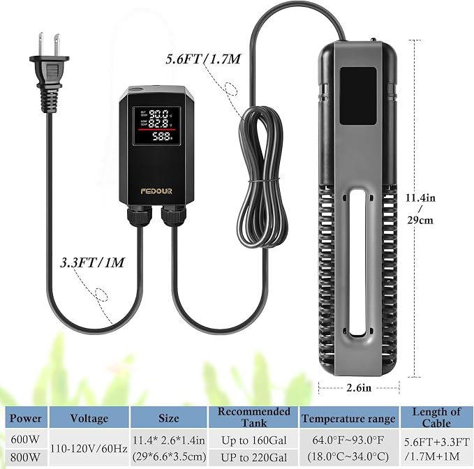 FEDOUR 600W 800W Titanium Aquarium Heater with Digital Controller, Submersible Aquarium Heater with Overheating Protection, for up to 220Gallon Fish and Turtle Tank (800W for up to 220Gal)