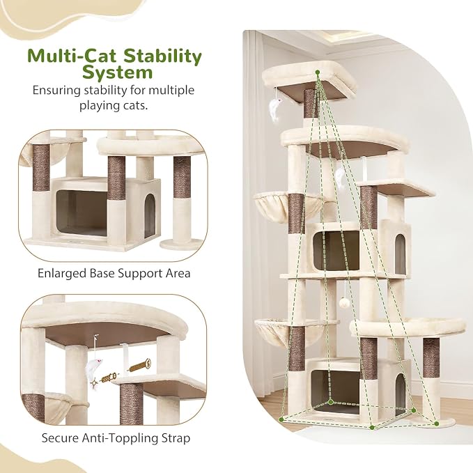 Globlazer 75in Sturdy Cat Tree for Large Cats, Heavy Duty Multi-Level Cat Tower for Indoor Cats with Extended Platform, 2 Spacious Condos, 2 Padded Perches, 6 Sisal Scratching Posts, S75, Beige