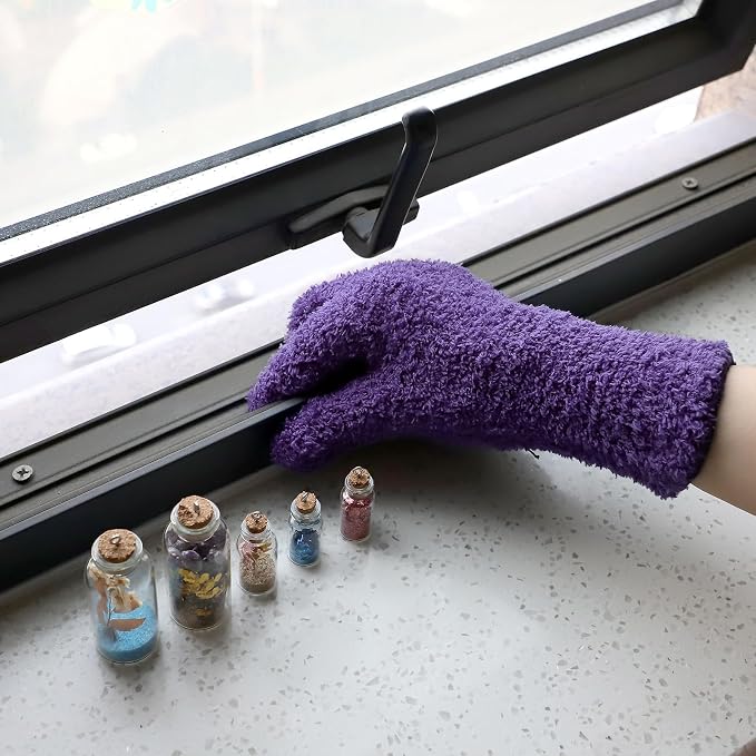 Patelai 2 Pairs Microfiber Gloves for plants Dusting Cleaning Glove Mittens House Cars Blinds Dusting(Pink, Violet,Large)