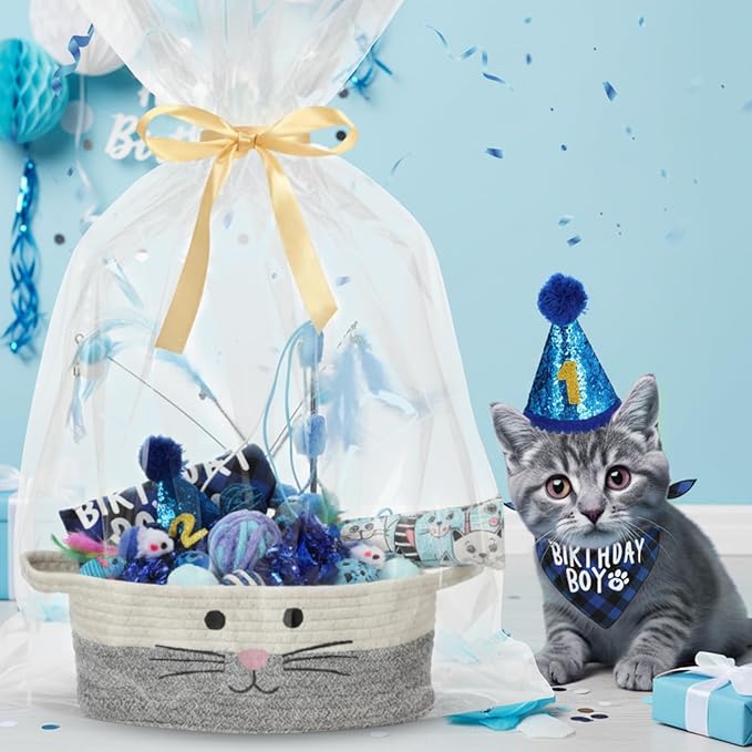 Zopeal Mother’s Day Cat Toy Set Interactive Cat Toys Pack Including Feather Teaser Wand Plush Gift Outfit Mice Crinkle Balls and Pet Bell Balls, Puzzle for Indoor Cats Gift Basket for Kitten(Blue)