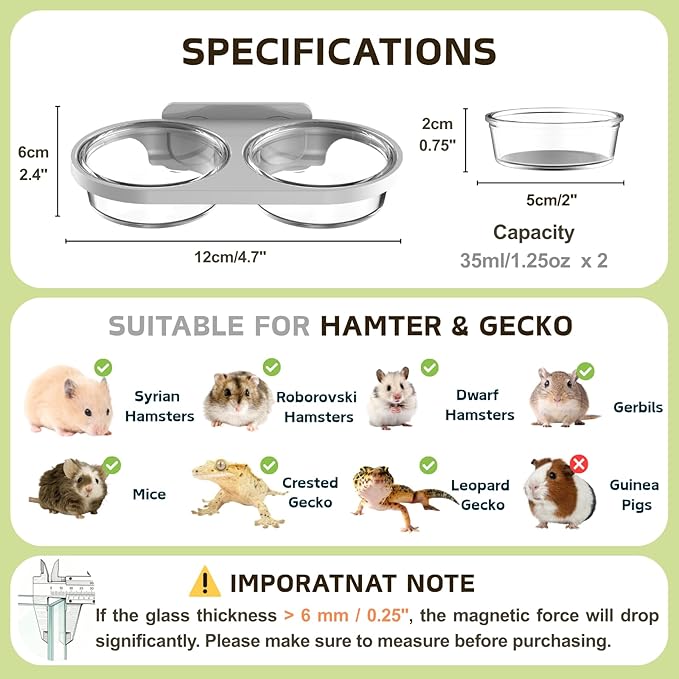 Magnetic Reptile Feeding Ledge with 2 Pack Plastic Bowls Food Feeder Water Dish for Crested Gecko Dwarf Hamster(Gray, Magnetic-Mounted)