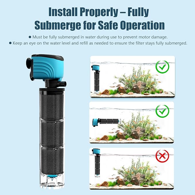 Internal Aquarium Filter, Upgraded 100–300 Gallon Fish Tank Filters, 660GPH Submersible Whisper Pump for Large Turtle Tanks & Small Pond, Debris Tray, Check Valve, Fresh & Saltwater