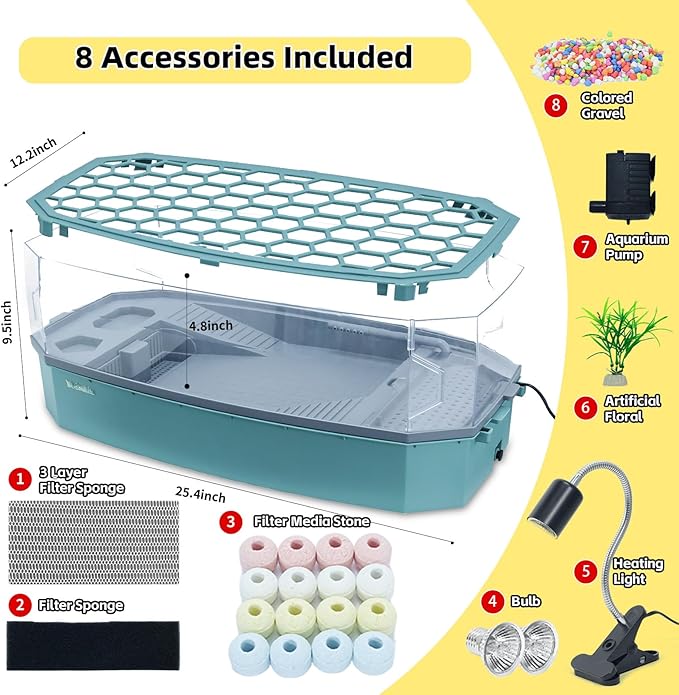 Large Turtle Tank Aquarium Kit with Basking Platform 3-Stage Filter Heating Lamp Anti-Escape Lid Complete Habitat for Aquatic Box Turtles (Green, 25.4×12.2×9.5 Inch)