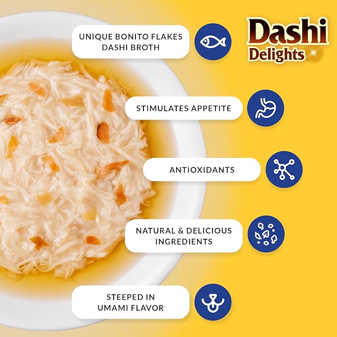 INABA Dashi Delights for Cats, Shredded Chicken Side Dish with Bonito Flake Broth, Cat Food Complement with Taurine & Green Tea Extract, 2.5 Ounce Cup, 6 Cups Total, Chicken with Tuna & Scallop Recipe
