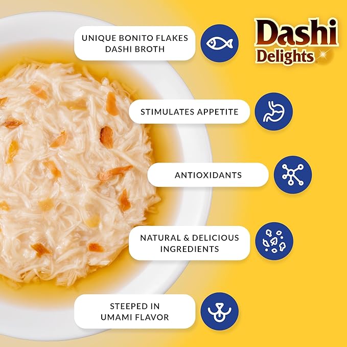 INABA Dashi Delights for Cats, Shredded Chicken Side Dish with Bonito Flake Broth, Cat Food Complement with Taurine & Green Tea Extract, 2.5 Ounce Cup, 6 Cups Total, Chicken with Tuna Recipe